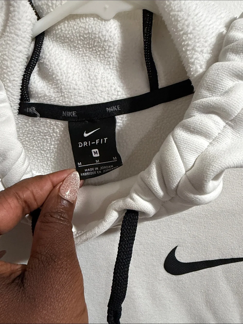 Nike White Hoodie with Black Swoosh and Drawstrings